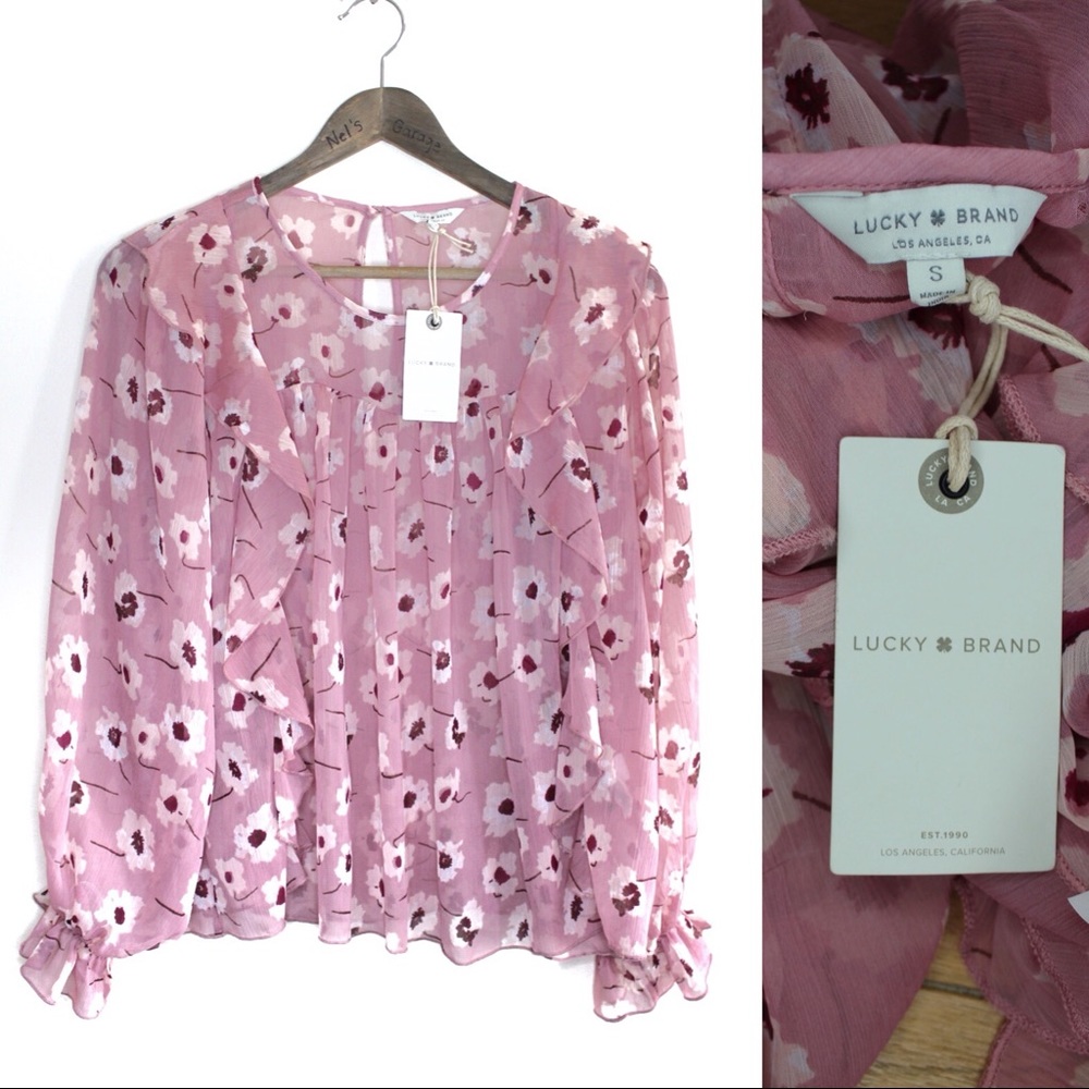Lucky Brand Mauve Pink Boho Semi Sheer Floral Print Top Ruffle Detailing FLAW